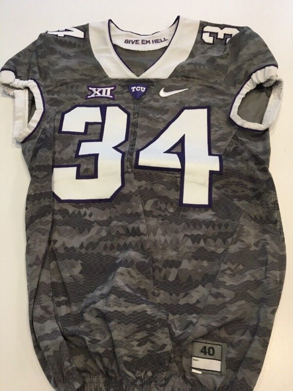 Game Worn Used Nike TCU Horned Frogs Football Jersey #34 Size 40 Frogskin